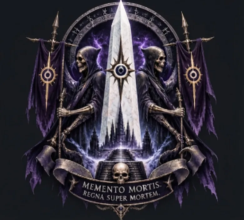 Selo de Estado oficial do Necroimperium — O Obelisco Branco e o Olho da Morte